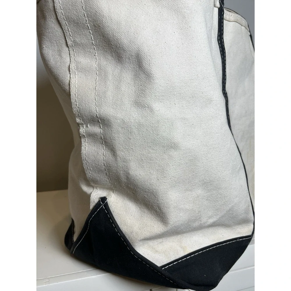 Vtg LL Bean Boat and Tote Bag XL 80s Cream Black Trim Stiff Zip Closure Canvas